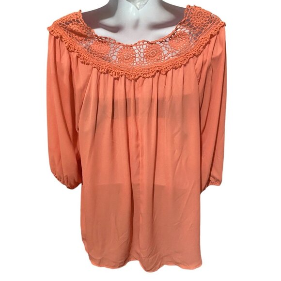 Eyeshadow Womens Blouse Top 2x Crochet Lace Trim 3/4 Sleeves Round Neck Pullover - Picture 6 of 13